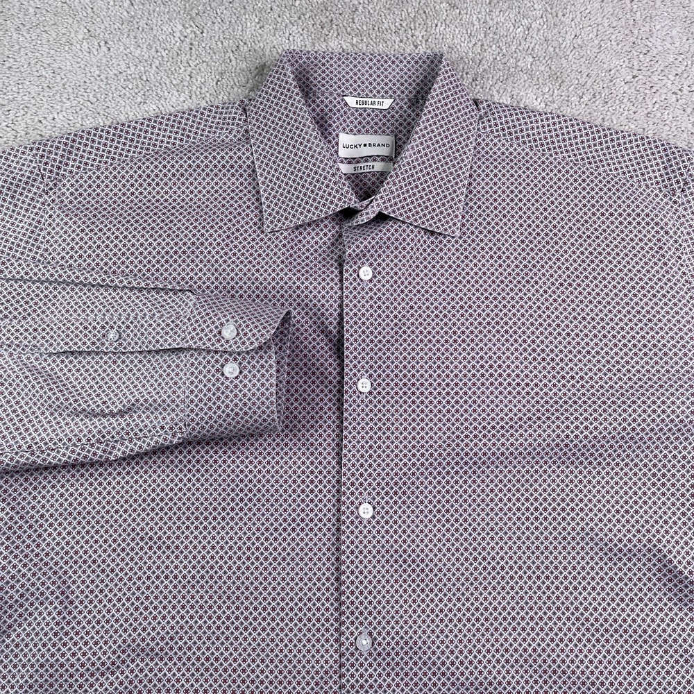 Lucky Brand Shirt Mens Large Grey Burgundy Geometric Regular Performance Stretch